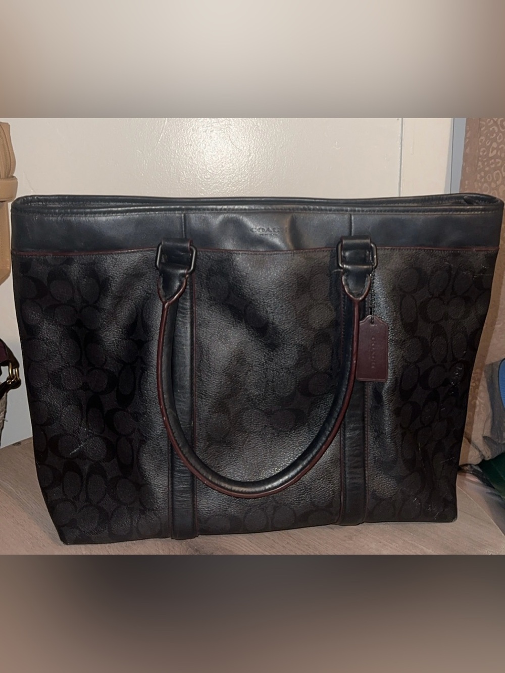 Coach Black Signature work Tote with Brown Trim